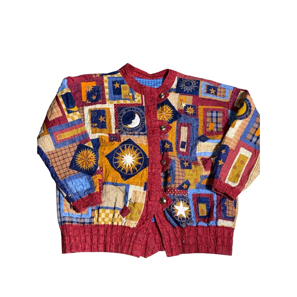 VTG Quilted Patchwork Celestial Jacket XL Sun Moon Stars Wearable Art Whimsigoth - Picture 6 of 13
